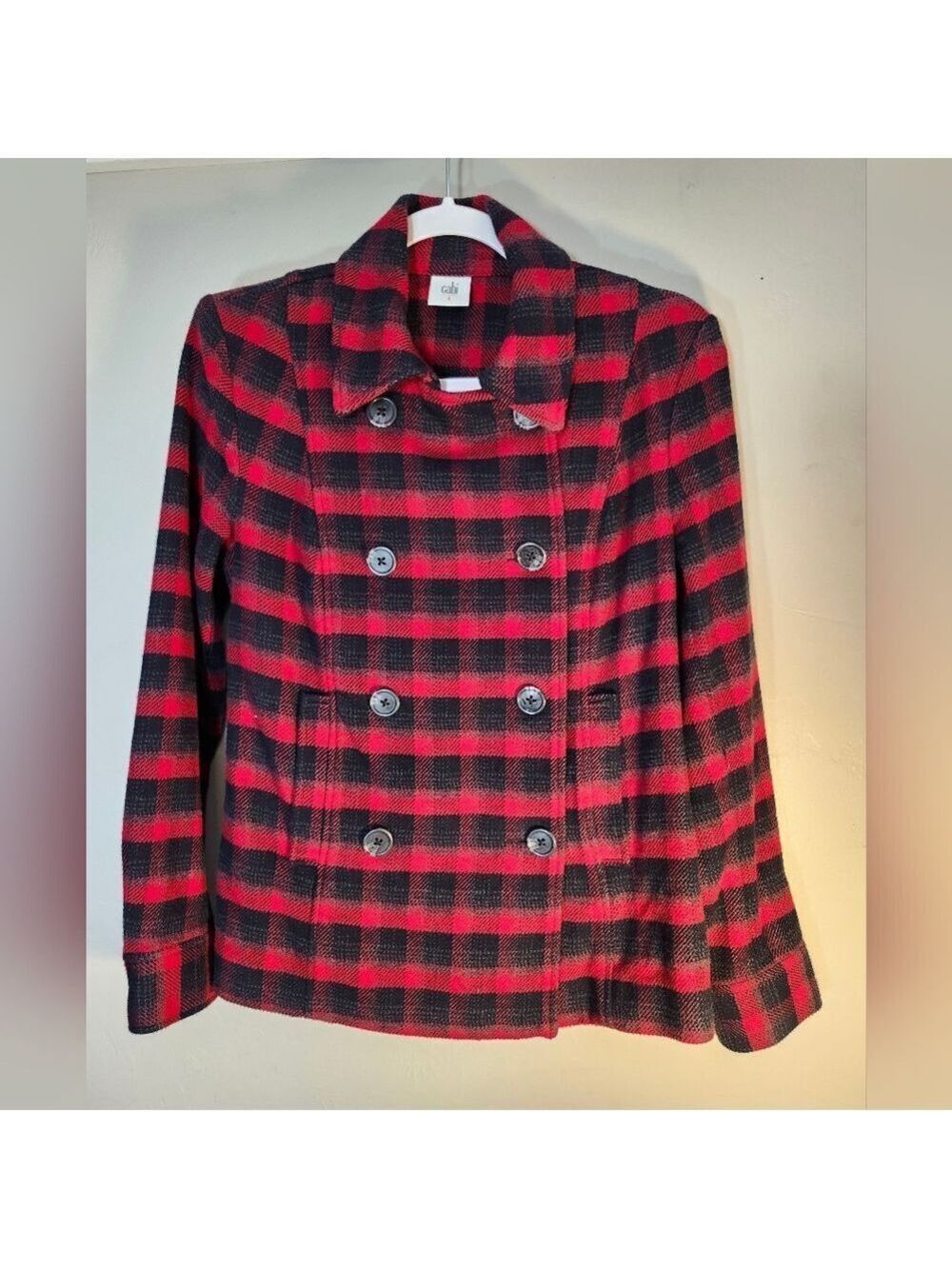 Cabi Double Breasted  Plaid Buffalo Pea Coat in Red and Black Sz S